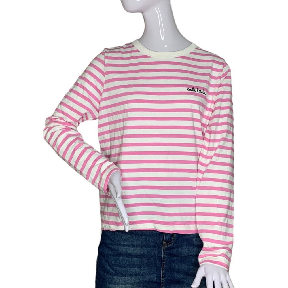 H&M Ohh La La Embroidery Top Strapped Long Sleeve Crewneck Pink/White Size M